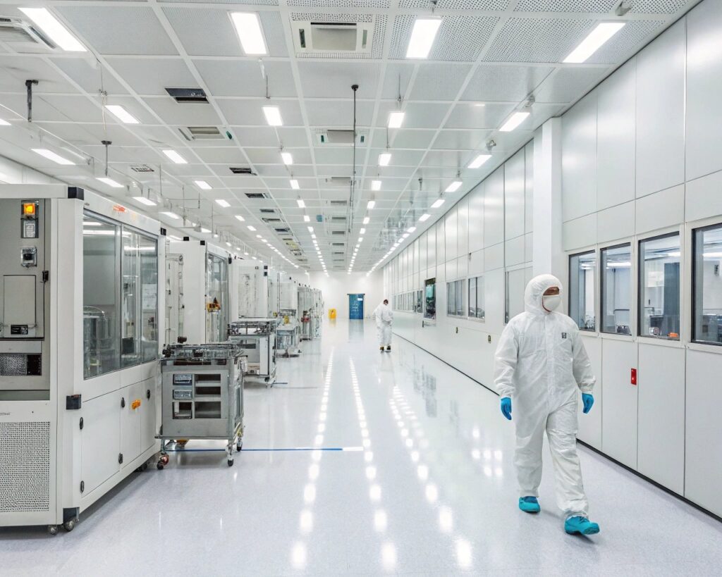 Technicians in protective gowning working inside a sterile GMP pharmaceutical cleanroom.
