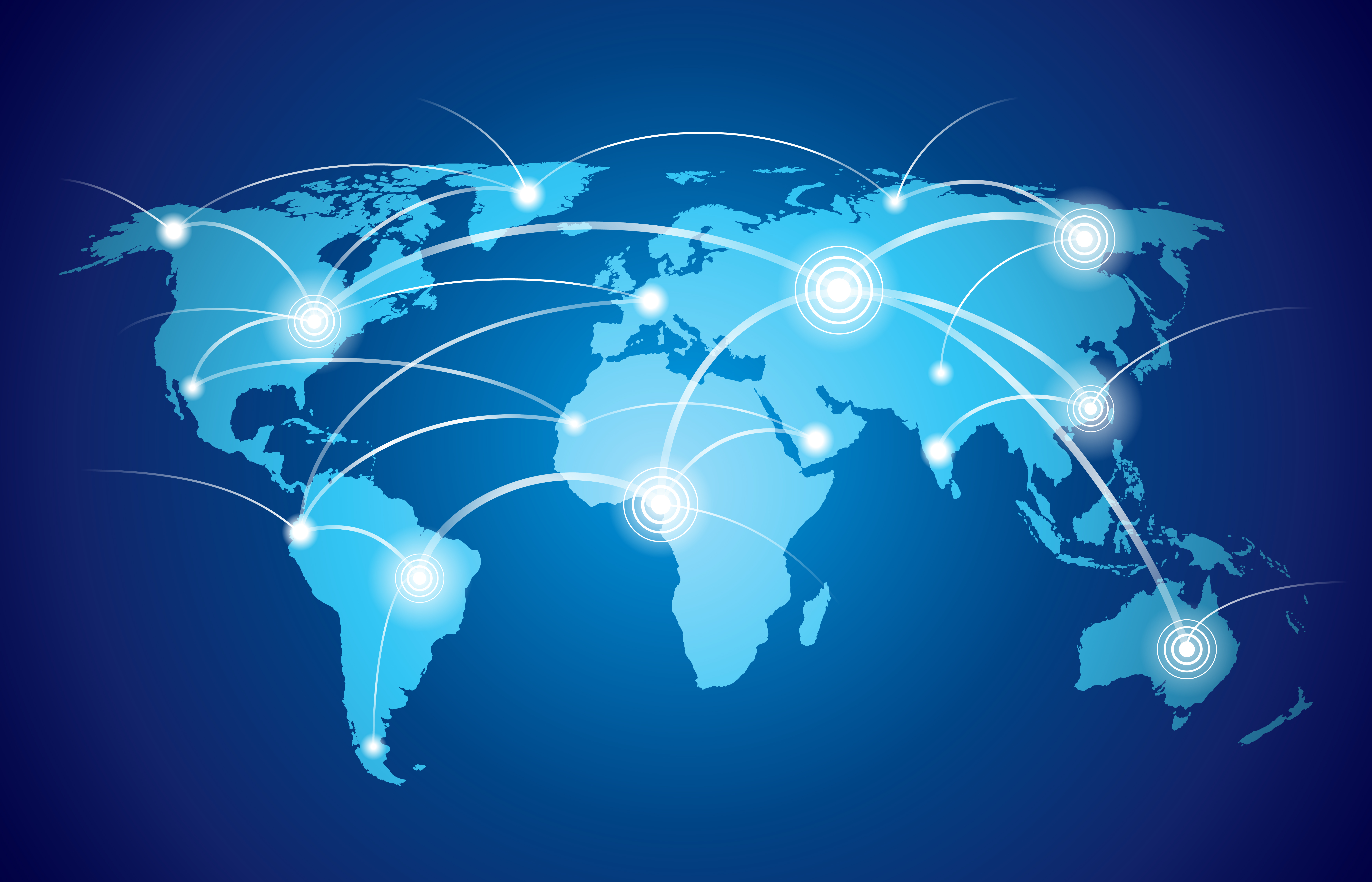 Illustrated world map with interconnected nodes representing a global logistics and partner network.